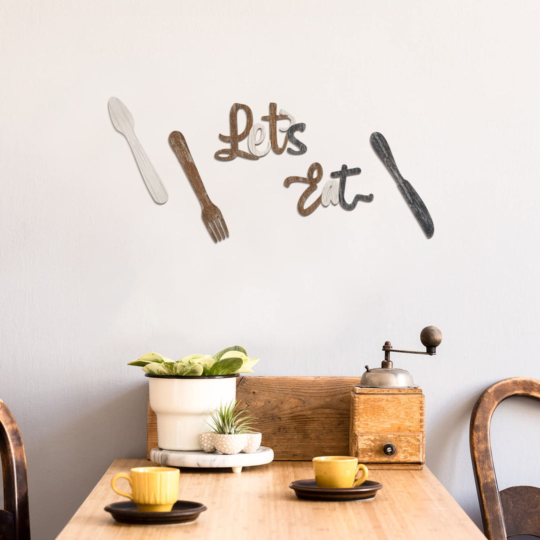 5 Pcs Let&#39;s Eat Sign Kitchen Wall Decor Fork Spoon Knife Kitchen Decor Sign Rustic Farmhouse Wooden Eat Sign for Kitchen Home Dining Room Bar Cafe Restaurant(Brown, Beige, Dark Gray)