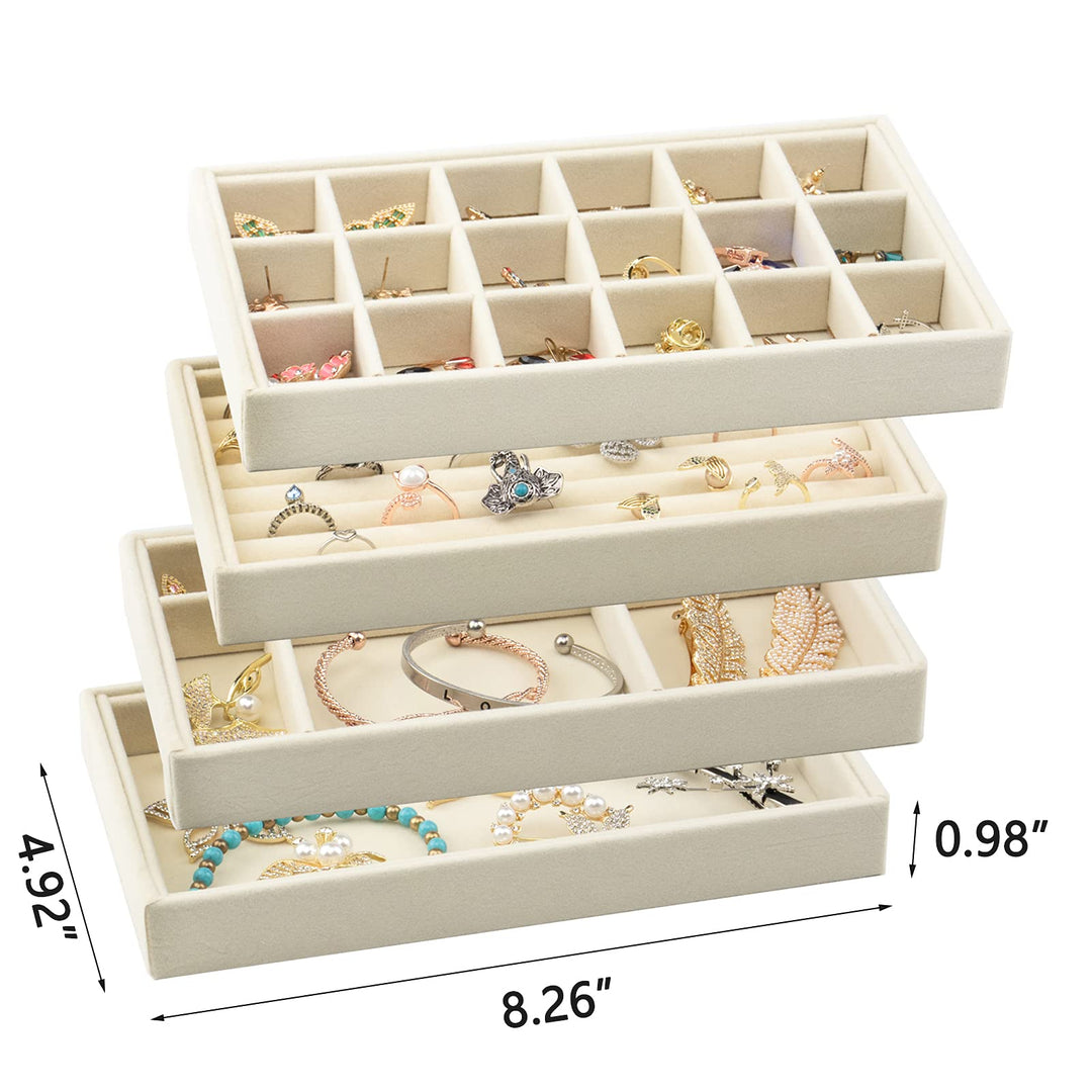 Velvet Jewelry Trays Organizer for Drawers, Small Stackable Jewelry Display Tray for Ring Earring Bangle Bracelet Necklace, Set of 4, Beige