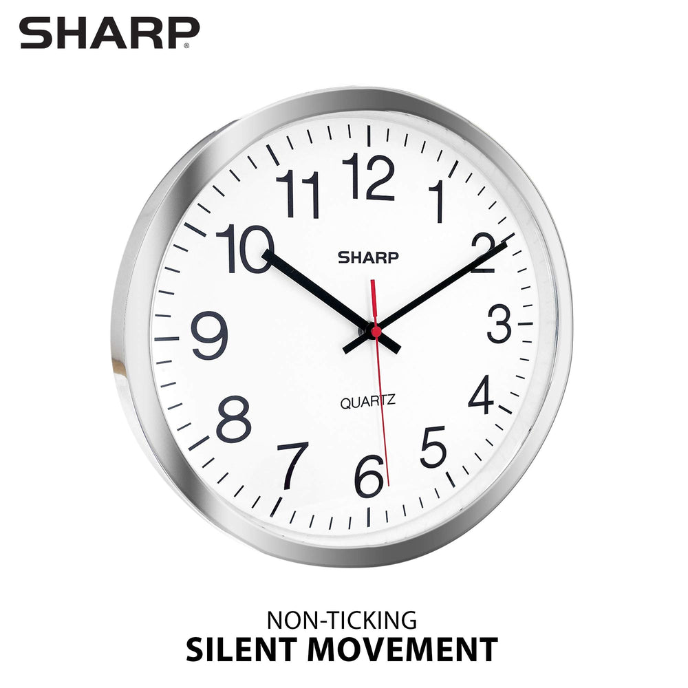 Sharp Wall Clock – Silver/Chrome, Silent Non Ticking 10