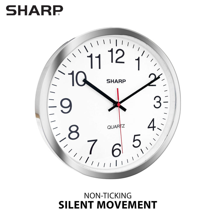 Sharp Wall Clock – Silver/Chrome, Silent Non Ticking 10