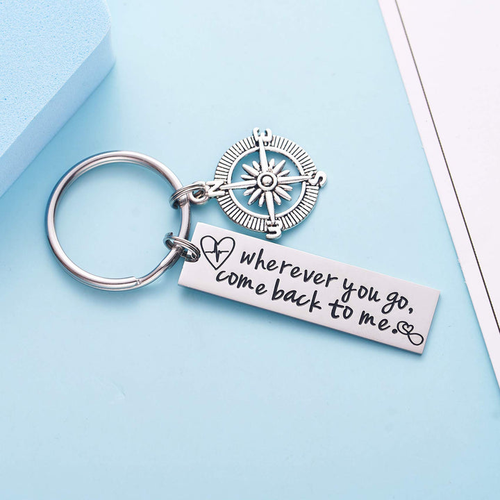 Wherever You Go Come Back to Me Keychain Long Distance Relationship Graduation College Moving Deploying Stainless Steel Gift for Boyfriend Men Love