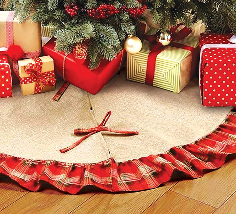 Burlap Tree Skirt for Christmas Rustic Large Country Natural Brown Skirts & Red Plaid Trim Farmhouse Xmas Holiday Decorations 30 Inch Round Diameter