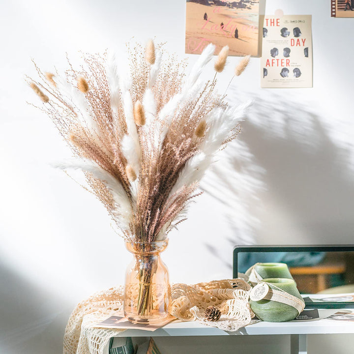 90Pcs Natural Dried Pampas Grass Decor for Boho Home and Wedding,17.3 inch White Pampas Grass with 9 Mixed Dried Grass Plants Bouquet,Natural Reed Grass,Bunny Tails Grass,and Kirin Grass
