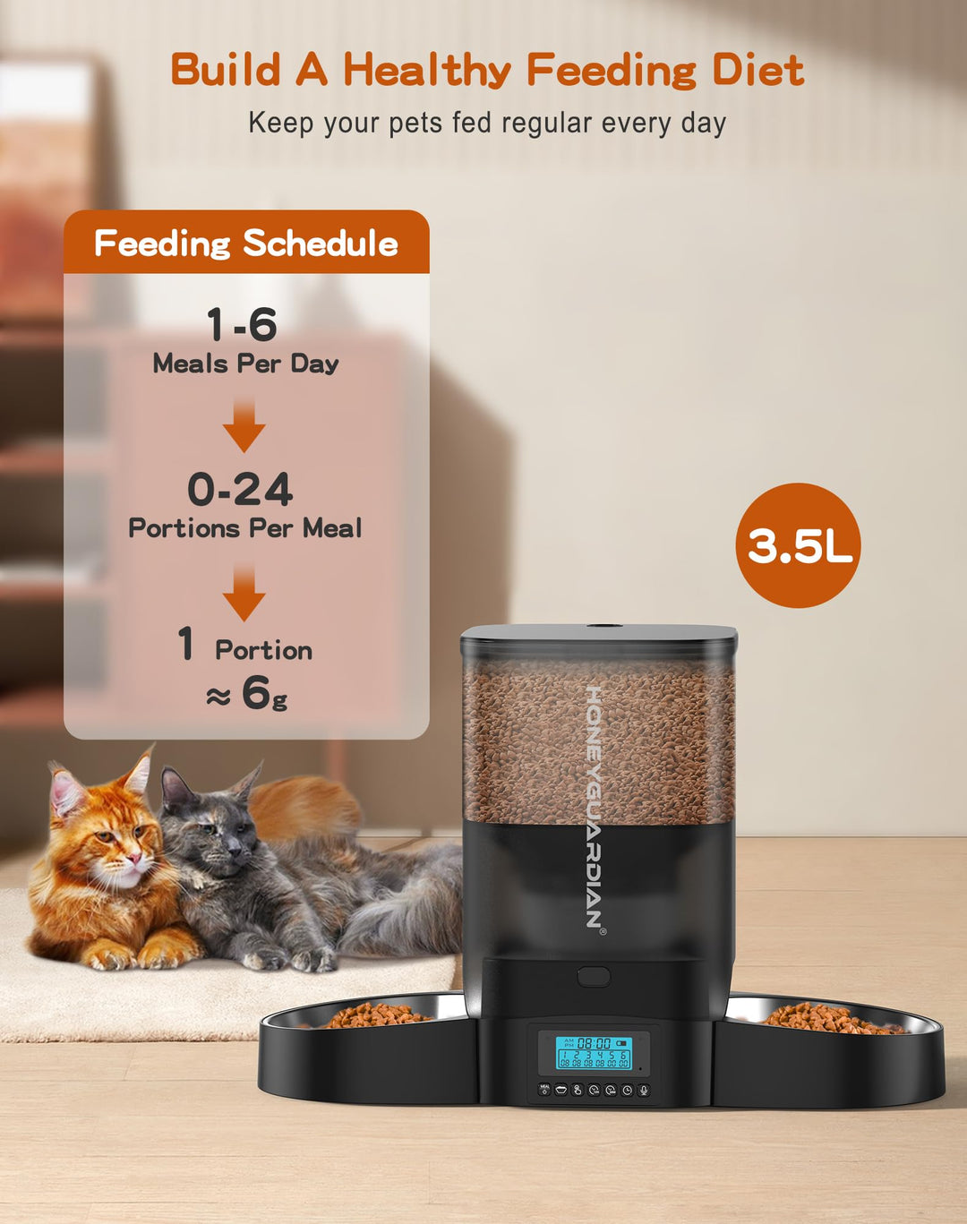 Cat Feeder, 6.5L Automatic Pet Feeder for Two Cats Dogs Food Dispenser Auto Cat Feeder 6 Meal Portion Control, Distribution Alarm, Programmable Timer Feeder, Customizable Voice Recorder