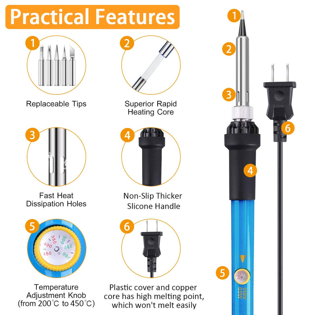 Soldering Iron Kit 15 In 1, 60W 110V Adjustable Temperature Welding Tool with Solder Tips, Solder Wire, Desoldering Pump, Tweezers, Stripper Cutter, Tool Bag