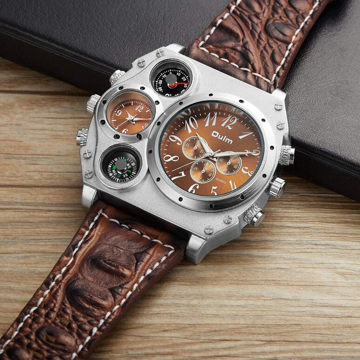Mens Big Face Watch, Dual Time Zone Leather Strap Sport Watch, Analog Quartz Wrist Watch with Decorative Compass Thermometer Dial