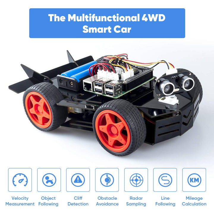 Robot Car Kit for Raspberry Pi, 4WD HAT Module, Ultrasonic Sensor, Velocity Measurement Module etc. Electronic DIY Robot Kit for Teens and Adults, Raspberry Pi/TF Card/Battery not Included