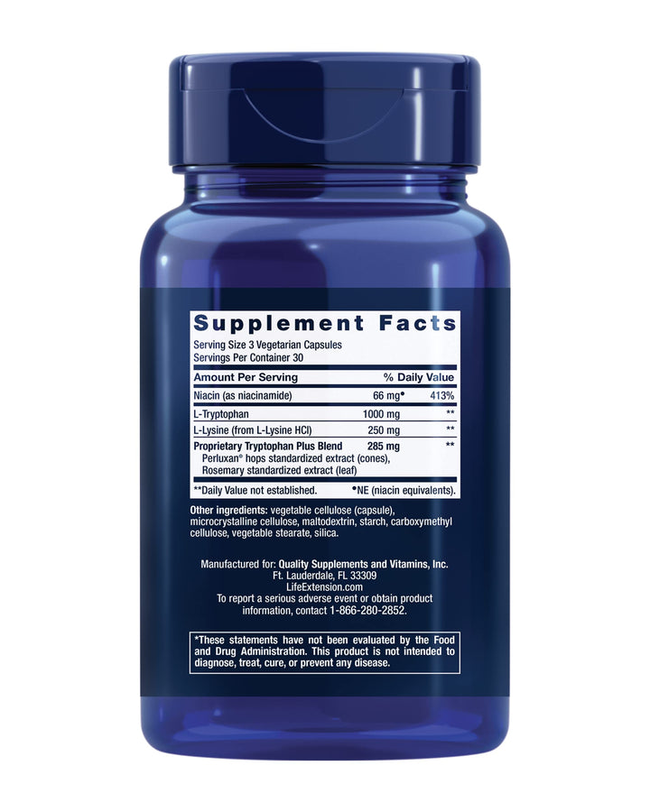Optimized Tryptophan Plus 1000mg - L-Tryptophan Supplement with Niacin and L-Lysine for Healthy Sleep &amp; Stress Response – Gluten-Free, Non-GMO, Vegetarian - 90 Capsules