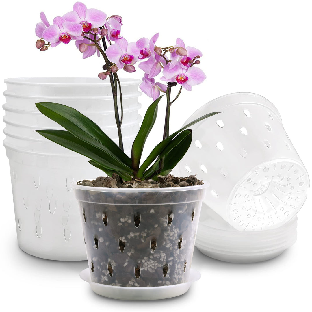 8 Pack 7 inch Orchid Pots with Holes and Saucers Clear Plastic Orchid Pots