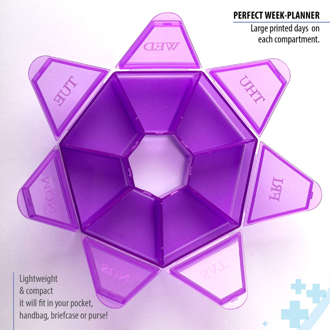 2-Pack 7-Sided Portable Pill Box Medicine Planner Small case (Seven Day Weekly Travel Container) Medication, Vitamin Holder Boxes Organizer Pillbox Dispenser Organizer, sorter and Reminder containers