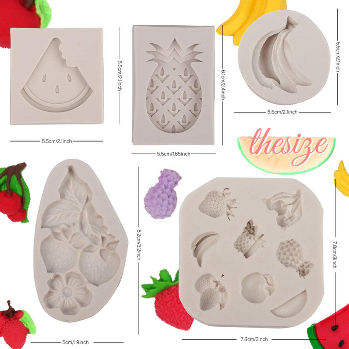5 Pack Fruit Shaped Silicone Fondant Mold Handmade Candy Jelly Bakeware Pineapple Banana Watermelon Strawberry Chocolate Mould 3D Summer Fruit Ice Mold for Soap Cake Cupcake Topper Decoration
