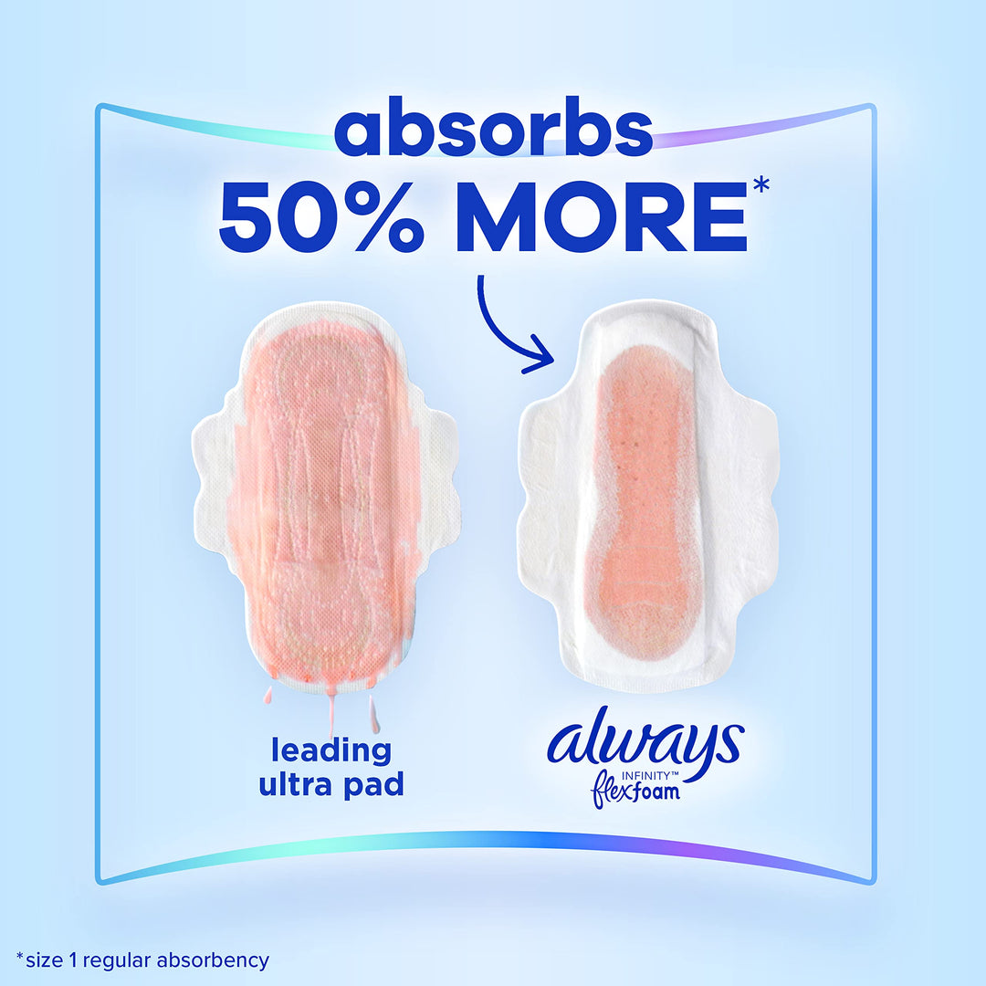 Always Infinity Feminine Pads For Women, Size 1 Regular Absorbency, With Wings, With Flexfoam, Unscented, 18 Count