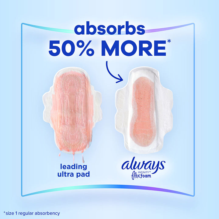 Always Infinity Feminine Pads For Women, Size 1 Regular Absorbency, With Wings, With Flexfoam, Unscented, 18 Count