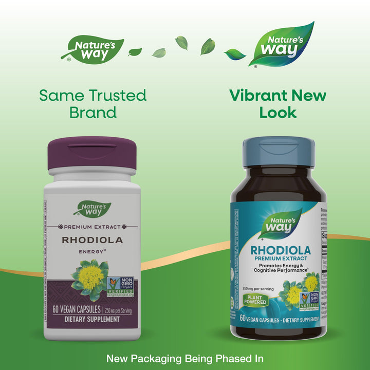 Nature&#39;s Way Rhodiola Premium Extract - 250 mg per serving - Supports Energy &amp; Mental Stamina* - Non-GMO Project Verified - Adaptogenic Herb* - Vegan &amp; Gluten Free - 60 Capsules
