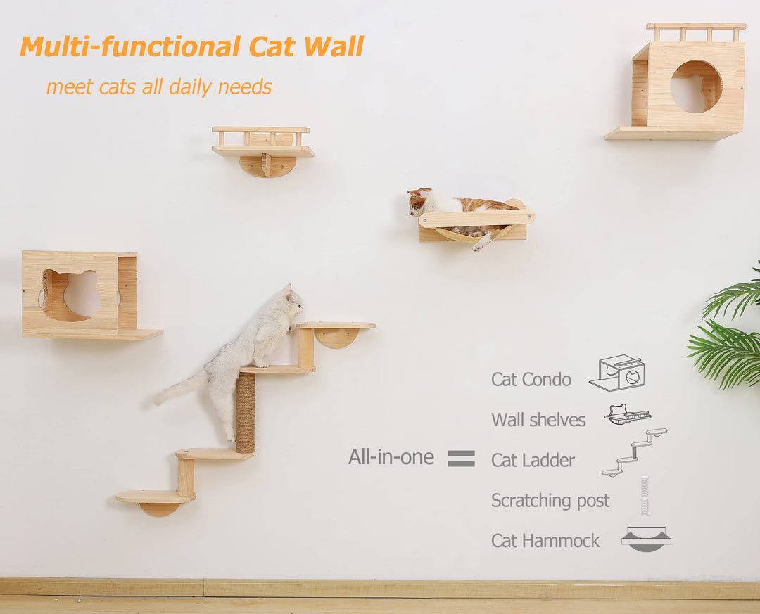 Cat Shelves and Perches Wall Mounted Indoor Cats Furniture Solid Wood Cat Wall House Set for Activity Climbers 5pcs/Set