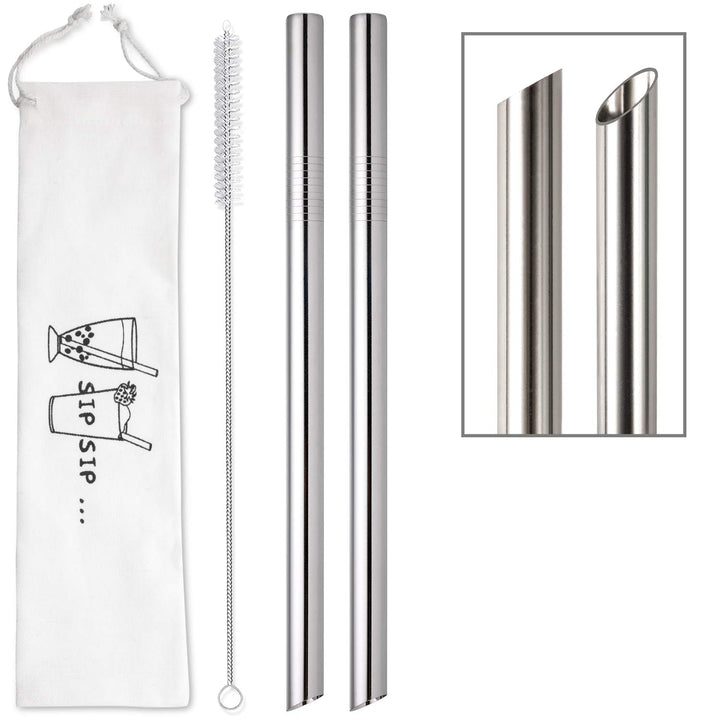 [Angled Tips] 2 Pcs Jumbo Reusable Bubble Tea Straws & Smoothie Straws, 0.5 Wide Stainless Steel Straws, Metal Straws for Bubble Tea/Tapioca Pearl, Milkshakes,Smoothies | 1 Cleaning Brush & 1 Case