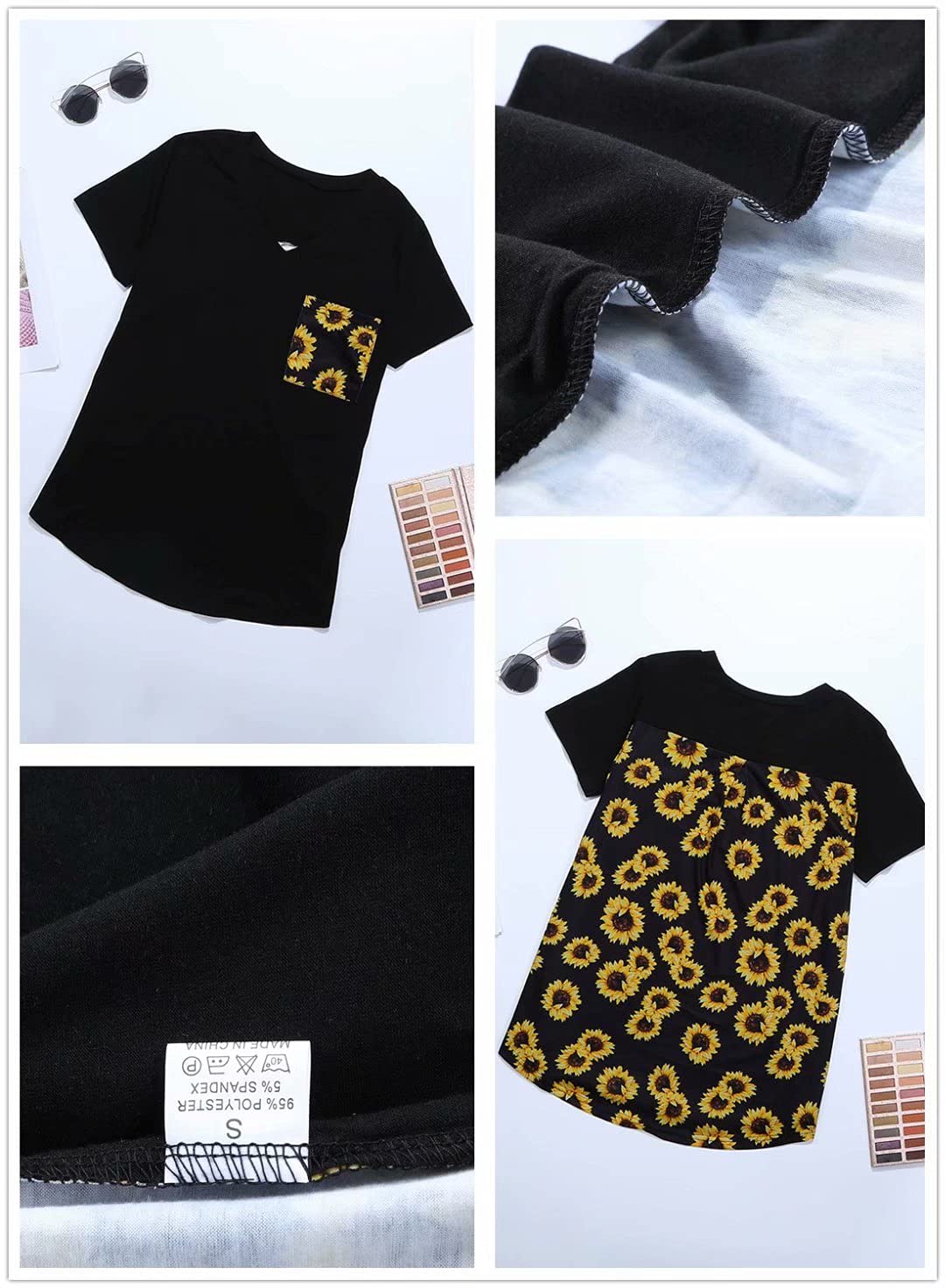 Women&#39;s Sunflower Printed Splicing T-Shirt Short Sleeve Patchwork V Neck Blouse Tunic