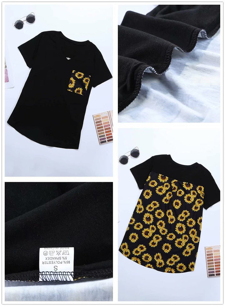 Women&#39;s Sunflower Printed Splicing T-Shirt Short Sleeve Patchwork V Neck Blouse Tunic