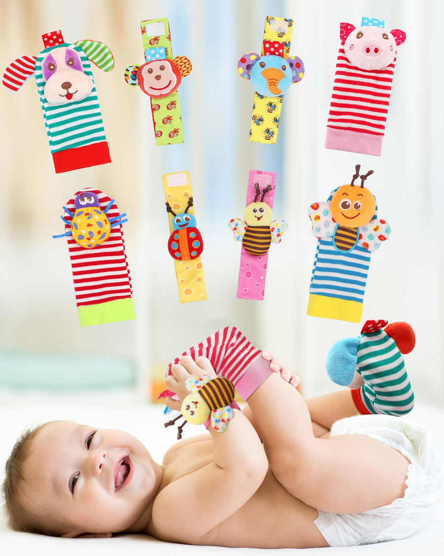 Baby Wrist Rattle, Handheld Rattles and Rattle Socks, Foot Rattle Leg Rattle Ankel Rattle, Soft Newborn Baby Rattle Toys for Infant Boy or Girl (4 PCS - BR)