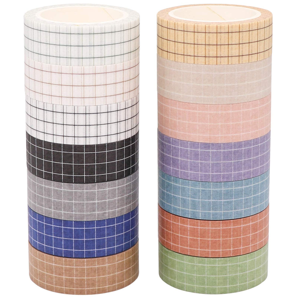 Grid Washi Tape Set, 14 Rolls of 15 mm Wide Decorative Colored Masking Tapes for Scrapbooking, DIY Decor and Crafts, Bullet Journals, Planners, Junk Journal, Gift Wrapping