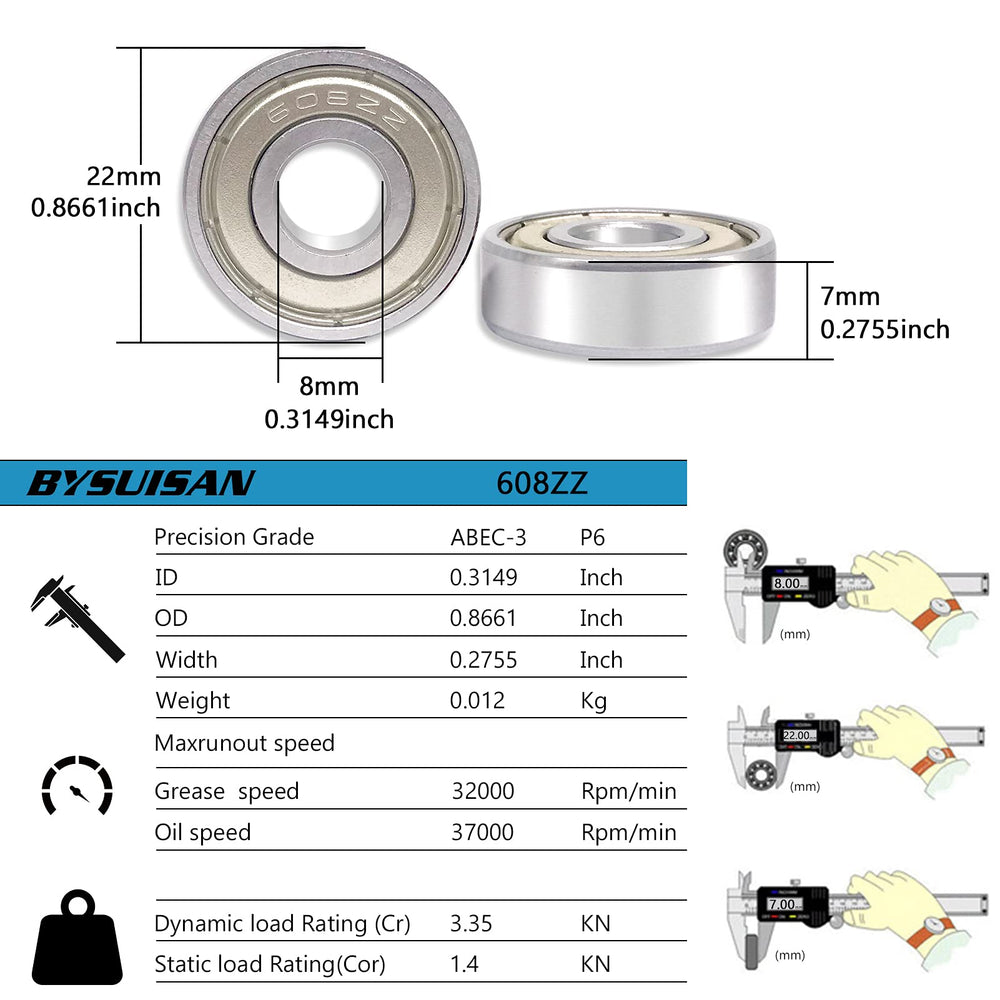 608 zz Skateboard Bearings for Roller Inline Skate Roller Blade Scooter Wheel 3D Print Rollerblade Double Shielded Chrome Steel 8x22x7mm Miniature Ball Bearing