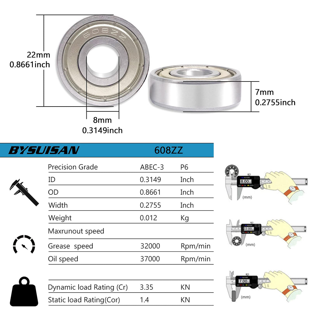 608 zz Skateboard Bearings for Roller Inline Skate Roller Blade Scooter Wheel 3D Print Rollerblade Double Shielded Chrome Steel 8x22x7mm Miniature Ball Bearing