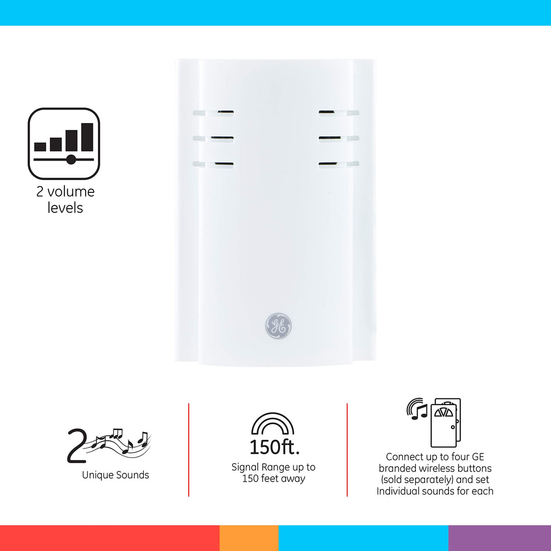 GE Wireless Doorbell Kit, Plug-In Receiver, 1 Push Buttons Door Bell, 2 Melodies Doorbell Chime, 4 Volume Levels, Classroom Doorbell, 150 Ft Range, White, 19298