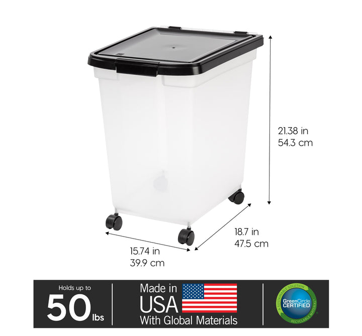 WeatherPro Airtight Dog Food Storage Container 50 Pound, Removable Wheels, for Dog Cat Bird Pet Food Storage Bin, Keep Fresh, Translucent Body, Easy Mobility, Clear/Black