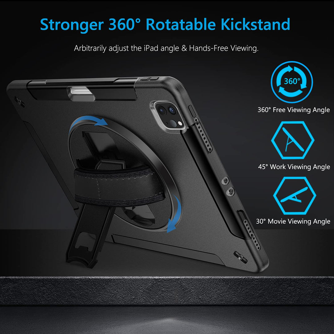 Case for iPad Pro 12.9 Inch 6th/5th/4th Generation, Military Grade Heavy Duty Shockproof iPad Pro 12.9 Case - Rotating Stand, Pencil Holder, Hand/Shoulder Strap, Black