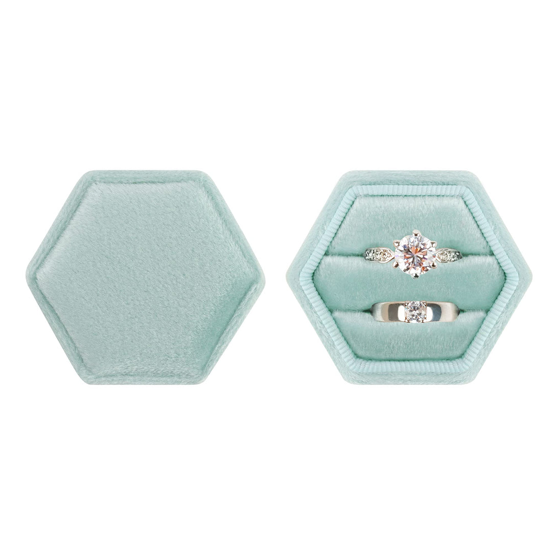 Hexagon Velvet Ring Box - Premium Gorgeous Vintage Double Ring Display Holder with Detachable Lid for Proposal, Engagement, Wedding, Ceremony (Mint green)