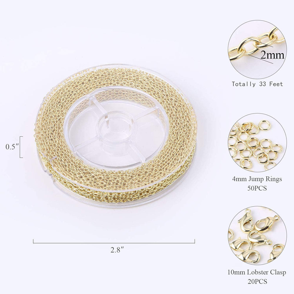 Gold Chain for Jewelry Making, 33 FT Dainty Cable Link Chain Spool for Necklaces Making Clasp Jump Ring Included