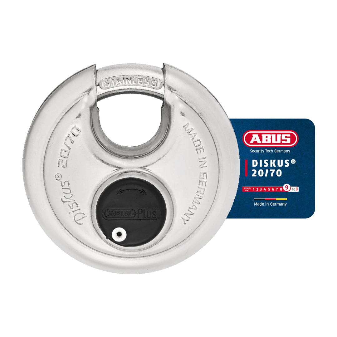 Diskus 20/70 Heavy Duty Stainless Steel Disk Padlock - Rustproof Storage Lock with 3/8 Shackle - Made in Germany - Keyed Different