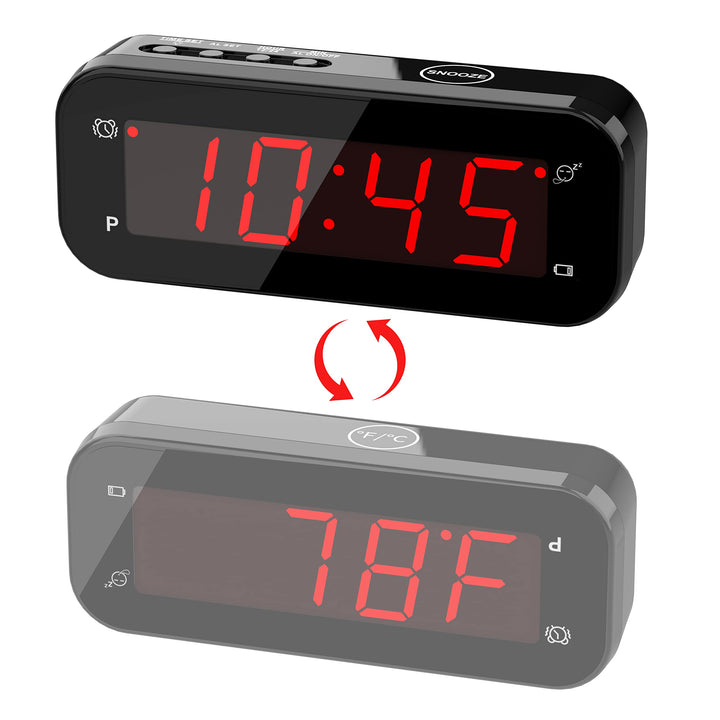 2 in 1 Alarm Clock, Indoor Thermometer, Digital Clock,Turn it Over, Temperature Display, 12/24Hr, °C / °F, Adjustable Brightness, Snooze, Battery Operated, Travel Clock, Alarm Clock for Bedroom