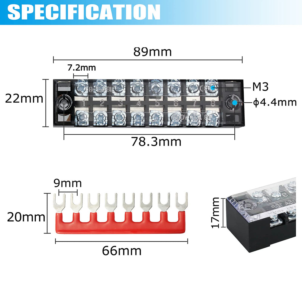 Terminal Strip Blocks, 5 Sets 8 Positions 600V 15A Waterproof Terminal Junction Block with Cover Dual Row Screw Terminal Strip + 400V 15A Pre-Insulated Terminal Barrier Strip Jumper