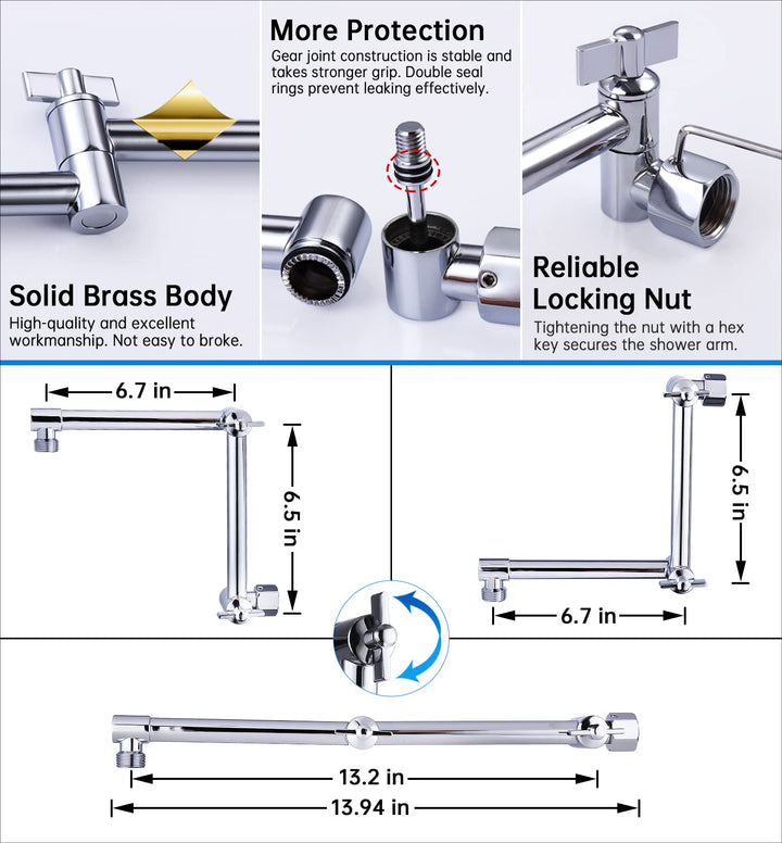 Shower Head Extension Arm,Solid Brass Adjustable Extender with Lock Joint, Rise or Lower Rainfall and Fixed Shower Head (13 Inch, Chrome)