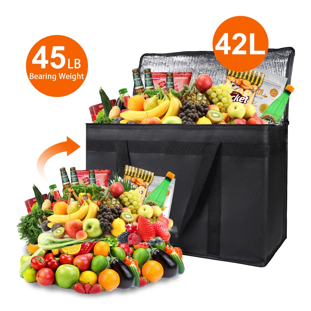 2-Pack Insulated Food Delivery Bag, XX-Large Reusable Grocery Shopping Bag, Frozen Food Cold, Cooler Bags with Zippered Top, Black