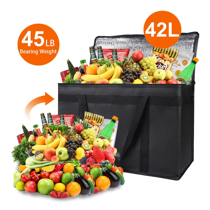 2-Pack Insulated Food Delivery Bag, XX-Large Reusable Grocery Shopping Bag, Frozen Food Cold, Cooler Bags with Zippered Top, Black