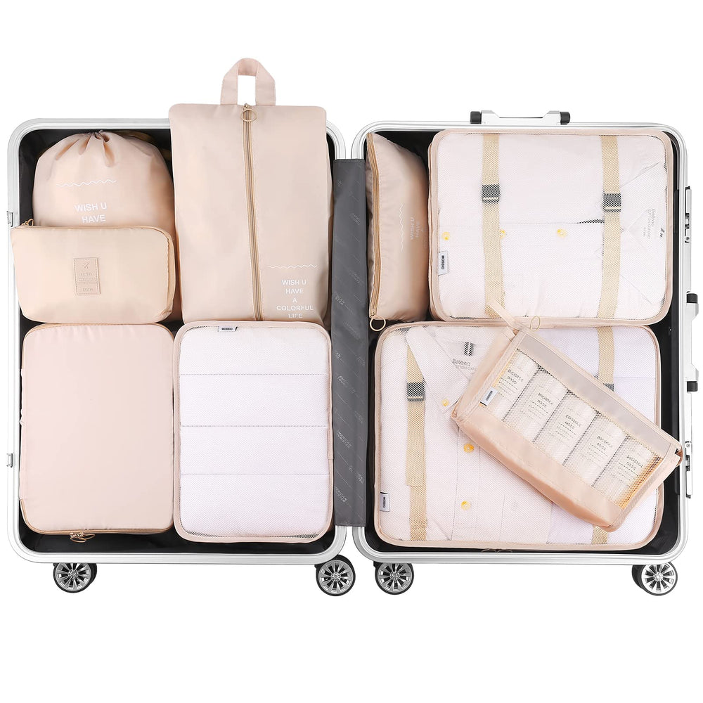 Packing Cubes for Carry On, 9 Piece Set Travel Cubes for Flying Camping Hiking Beige