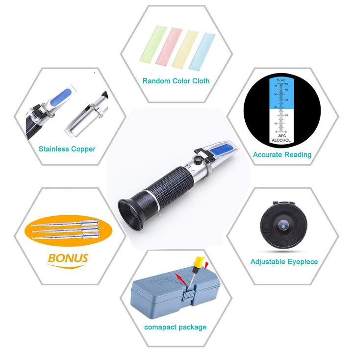 Alcohol Refractometer for Spirit Alcohol Volume Percent Measurement with Automatic Temperature Compensation (ATC), Range 0-80% v/v.Alcohol Refractometer for Spirit Alcohol Volume Percent