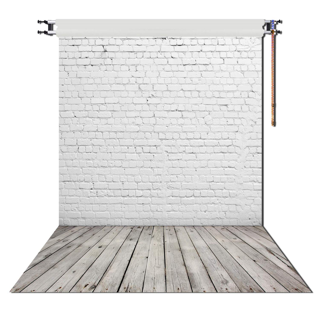 5X7ft White Brick Wall with Gray Wooden Floor Photography Vinyl Backdrop D-2504
