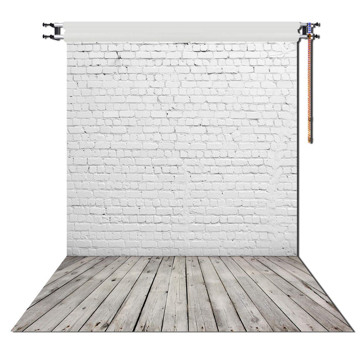 5X7ft White Brick Wall with Gray Wooden Floor Photography Vinyl Backdrop D-2504