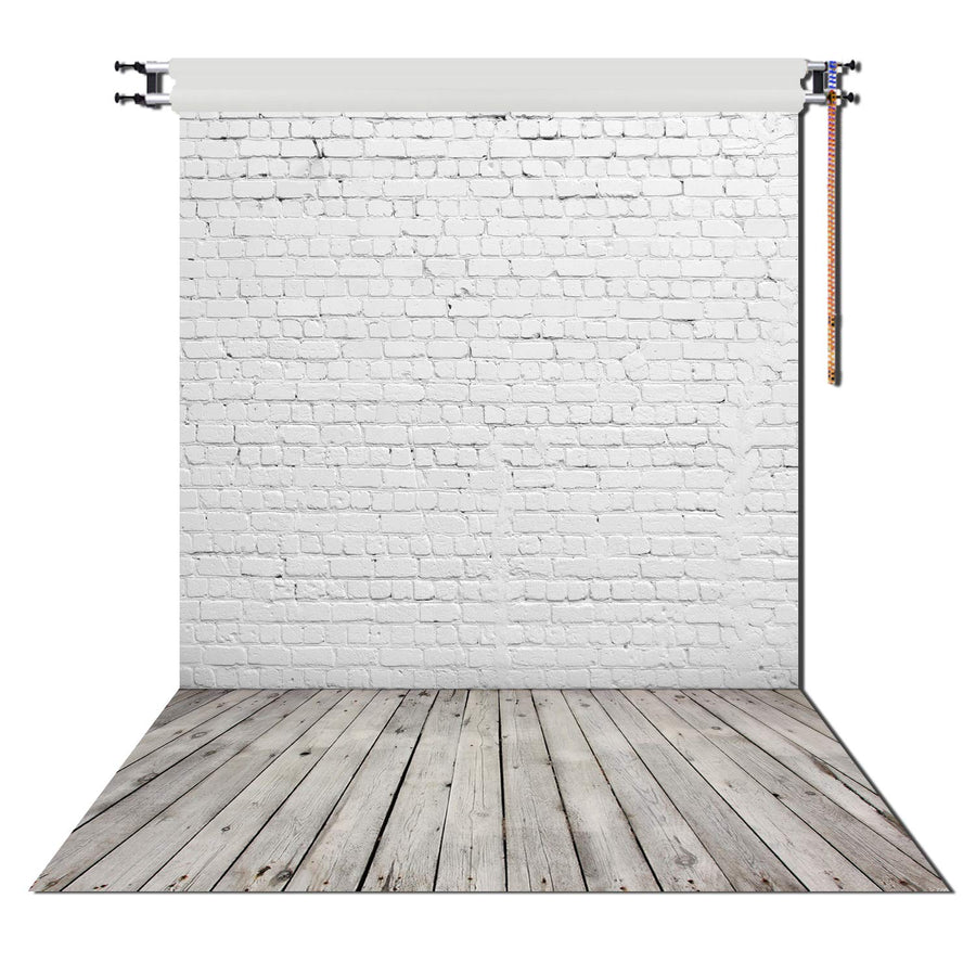 5X7ft White Brick Wall with Gray Wooden Floor Photography Vinyl Backdrop D-2504