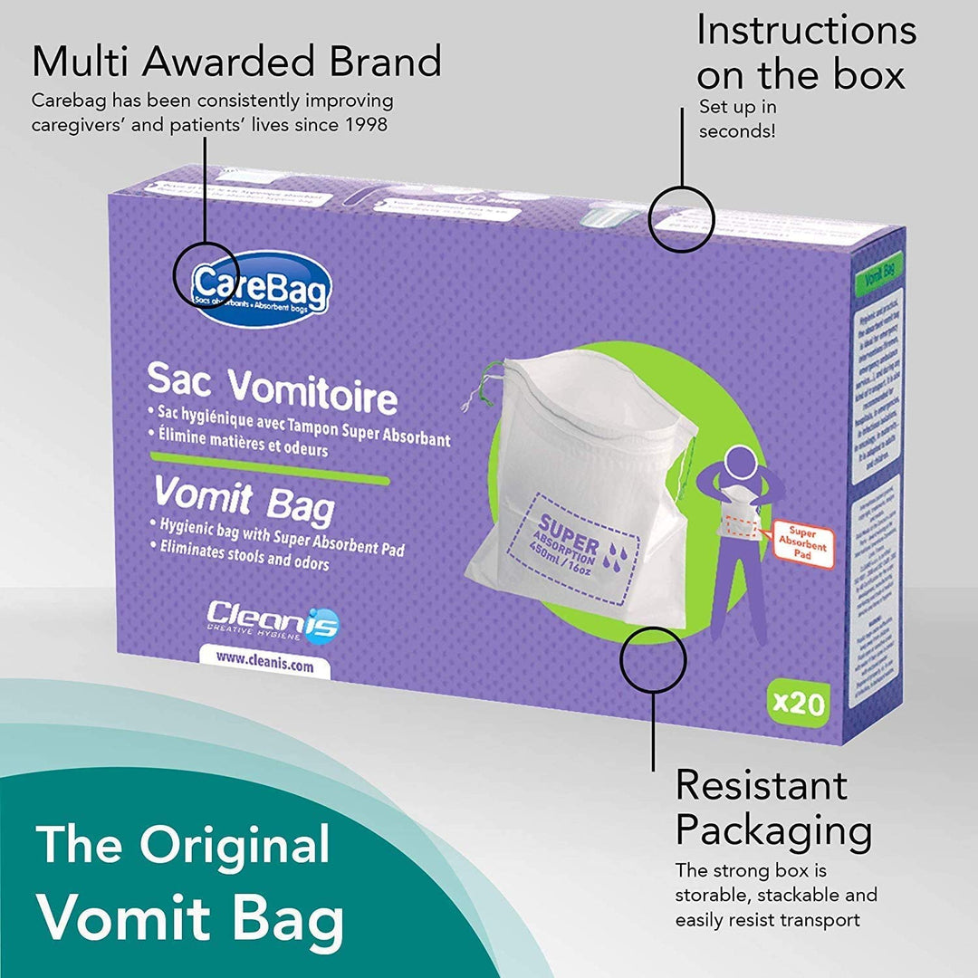 Carebag Vomit Bag with Super Absorbent Pad, 20 Count