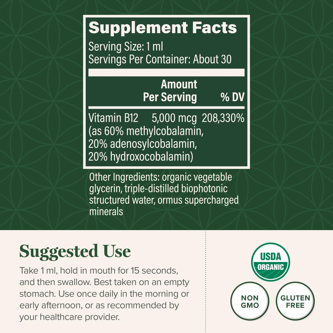 - Vitamin B12 Sublingual 5000 MCG Organic Liquid Supplement, Methylcobalamin, Adenosylcobalamin, Hydroxo Long-Lasting Energy and Healthy Metabolism - Vegan B12 Vitamins (1 Oz)