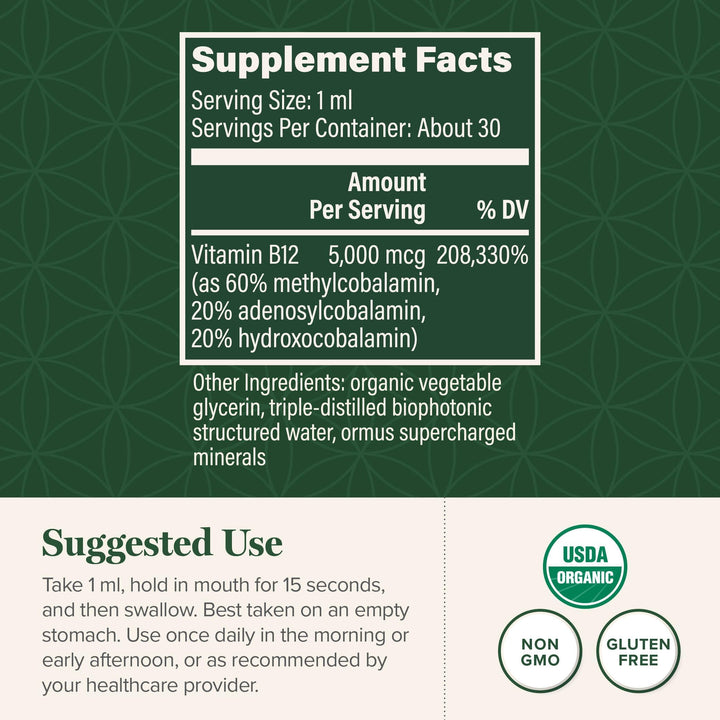 - Vitamin B12 Sublingual 5000 MCG Organic Liquid Supplement, Methylcobalamin, Adenosylcobalamin, Hydroxo Long-Lasting Energy and Healthy Metabolism - Vegan B12 Vitamins (1 Oz)