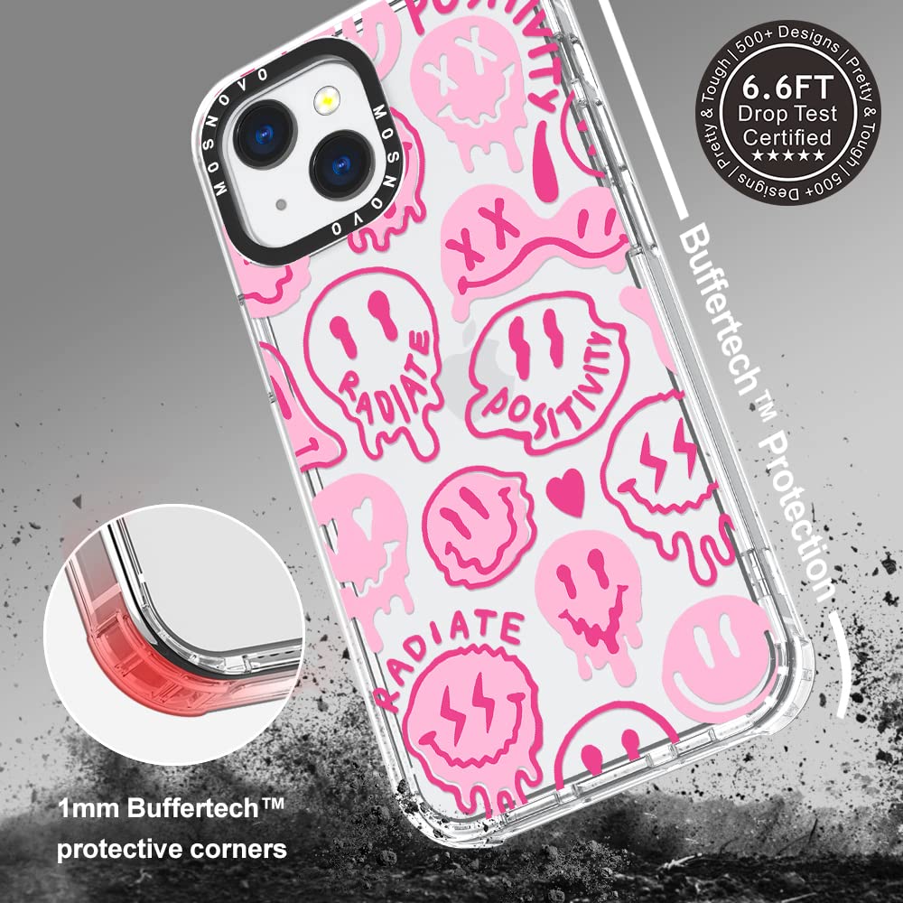 Case for iPhone 13, [Buffertech 6.6ft Military-Grade Drop Protection] [Anti Peel Off Tech] Clear TPU Bumper Phone Case Cover Design - Pink Dripping Smiles