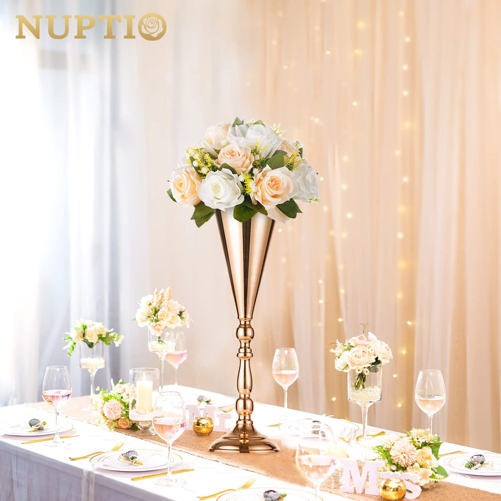 10 Pcs Tabletop Gold Metal Wedding Flower Trumpet Vase, 16.5 inch Table Decorative Centerpiece Artificial Flower Arrangements for Anniversary Ceremony Party Birthday Event Home Decoration (Gold)