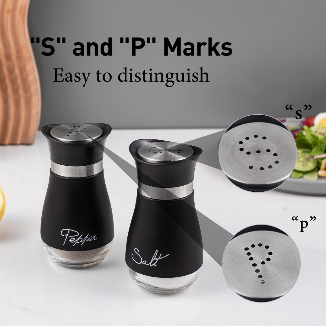 Salt and Pepper Shakers Set, Stainless Steel with Glass Bottle for Table, RV, Camp, BBQ, Set of 2, Black