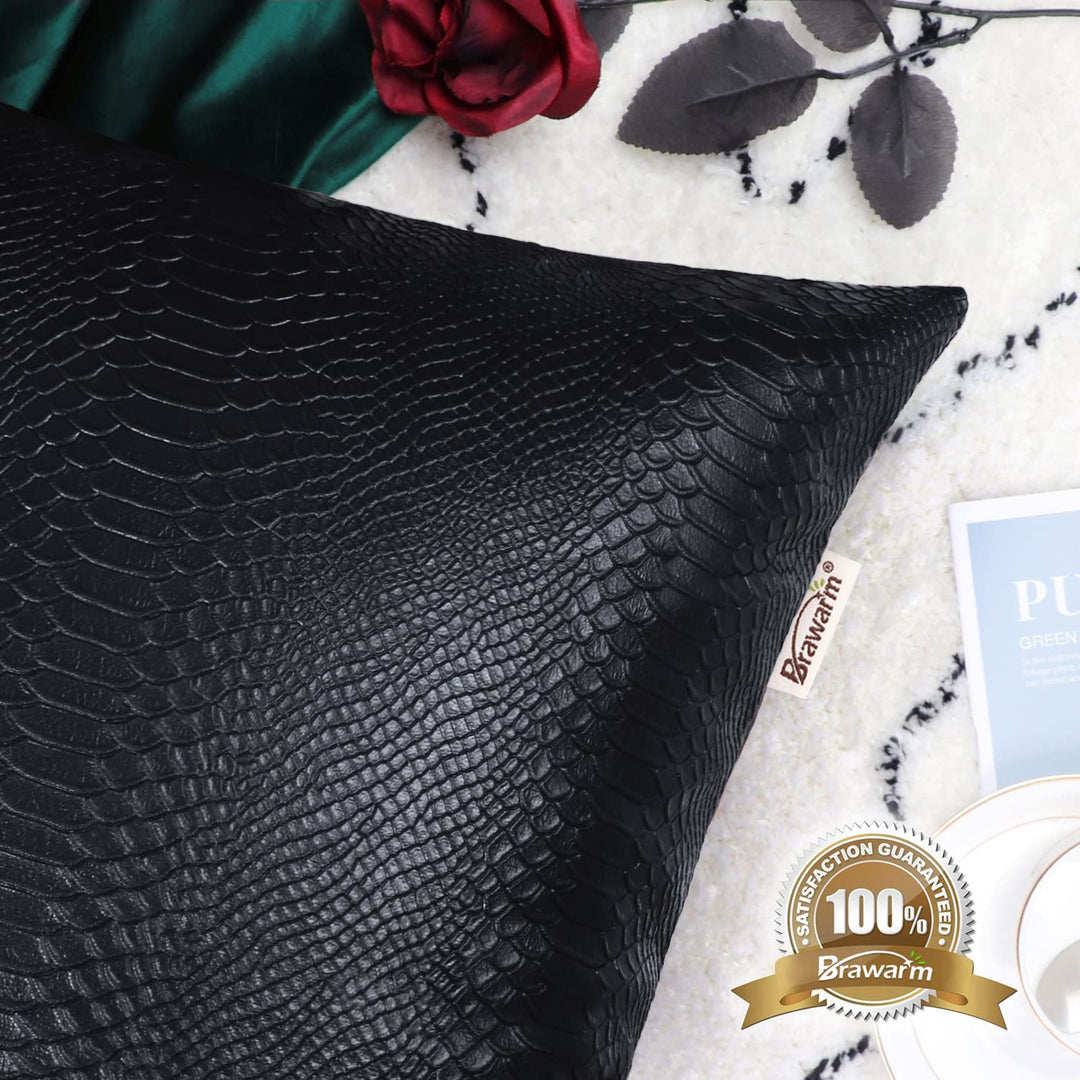 BRAWARM Faux Leather Pillow Covers 16 X 16 Inches, Black Leather Pillow Covers Pack of 2, Crocodile Leather Decorative Throw Pillows for Living Room Couch Bed Sofa Home