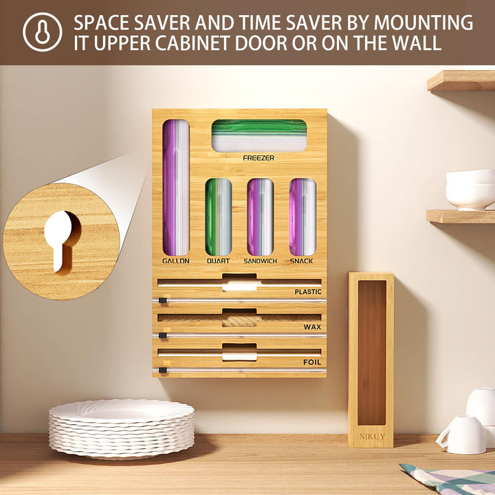 Bamboo Foil and Plastic Wrap Organizer for Kitchen Drawer, 2024 New 9 in 1 Plastic Bag Organizer Organization and Storage, Food Storage Bag Organizer with Labels for Quart Gallon Snack (White)